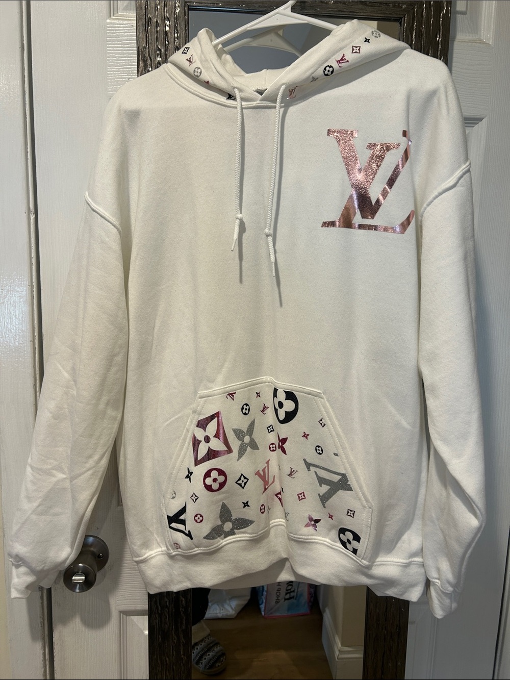 White Hoodie  with Pink Metallic Logo not authentic made by a friend of mine
